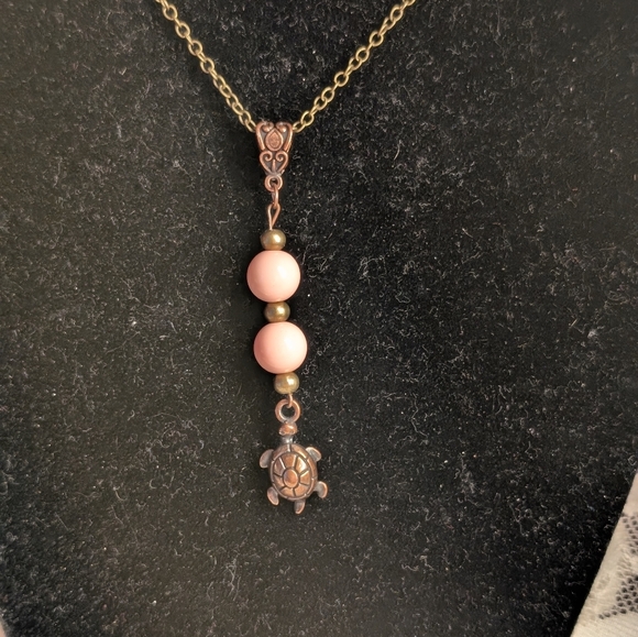 Handcrafted Copper & Bronze Plated & Pink Beads With Turtle Pendant Necklace - Picture 1 of 5